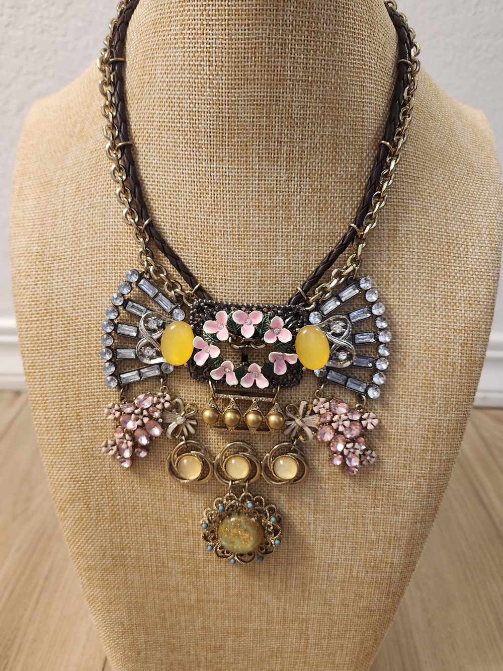 Vintage Betsey Johnson Cherry Blossom Rhinestone Statement Necklace